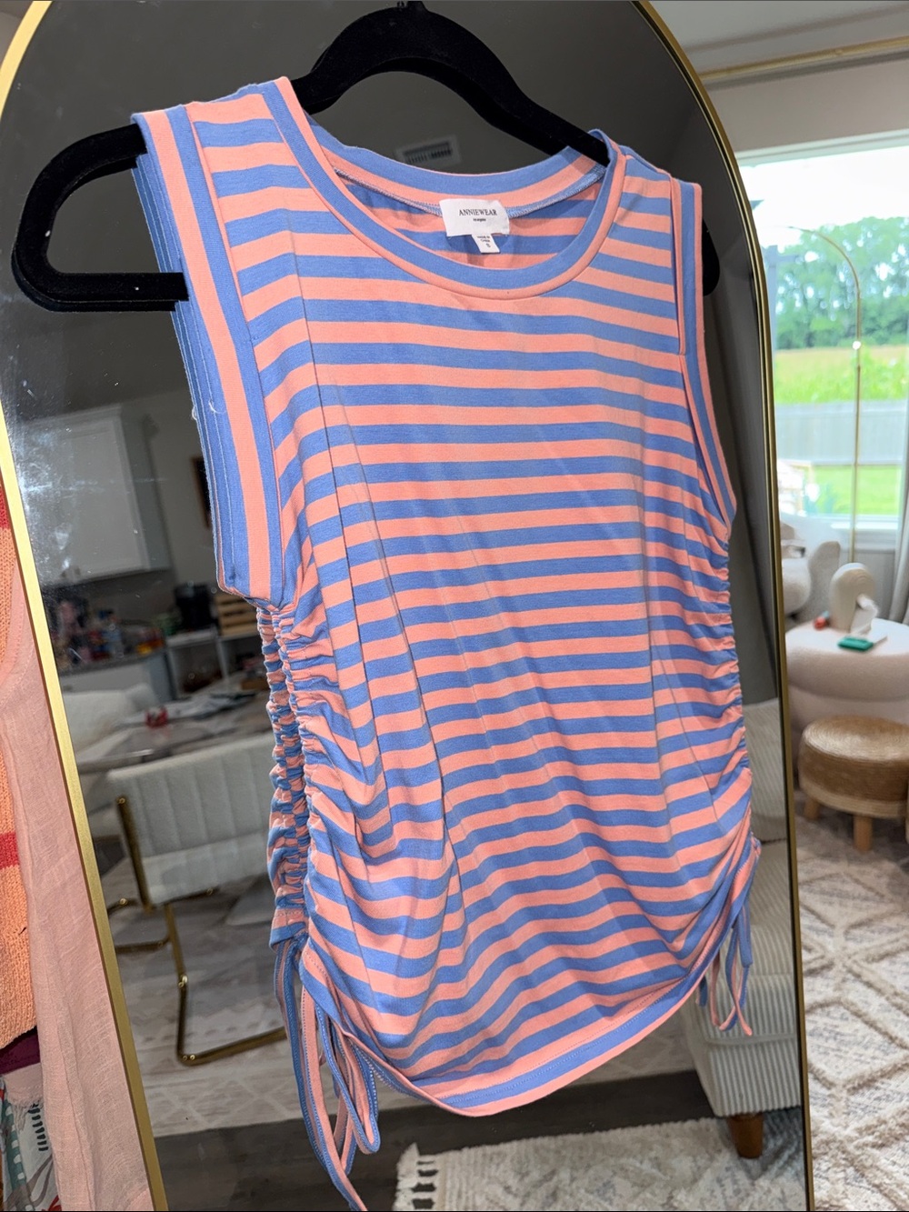 AnnieWear Coral Pink and Periwinkle Striped Sleeveless Ruched Tank